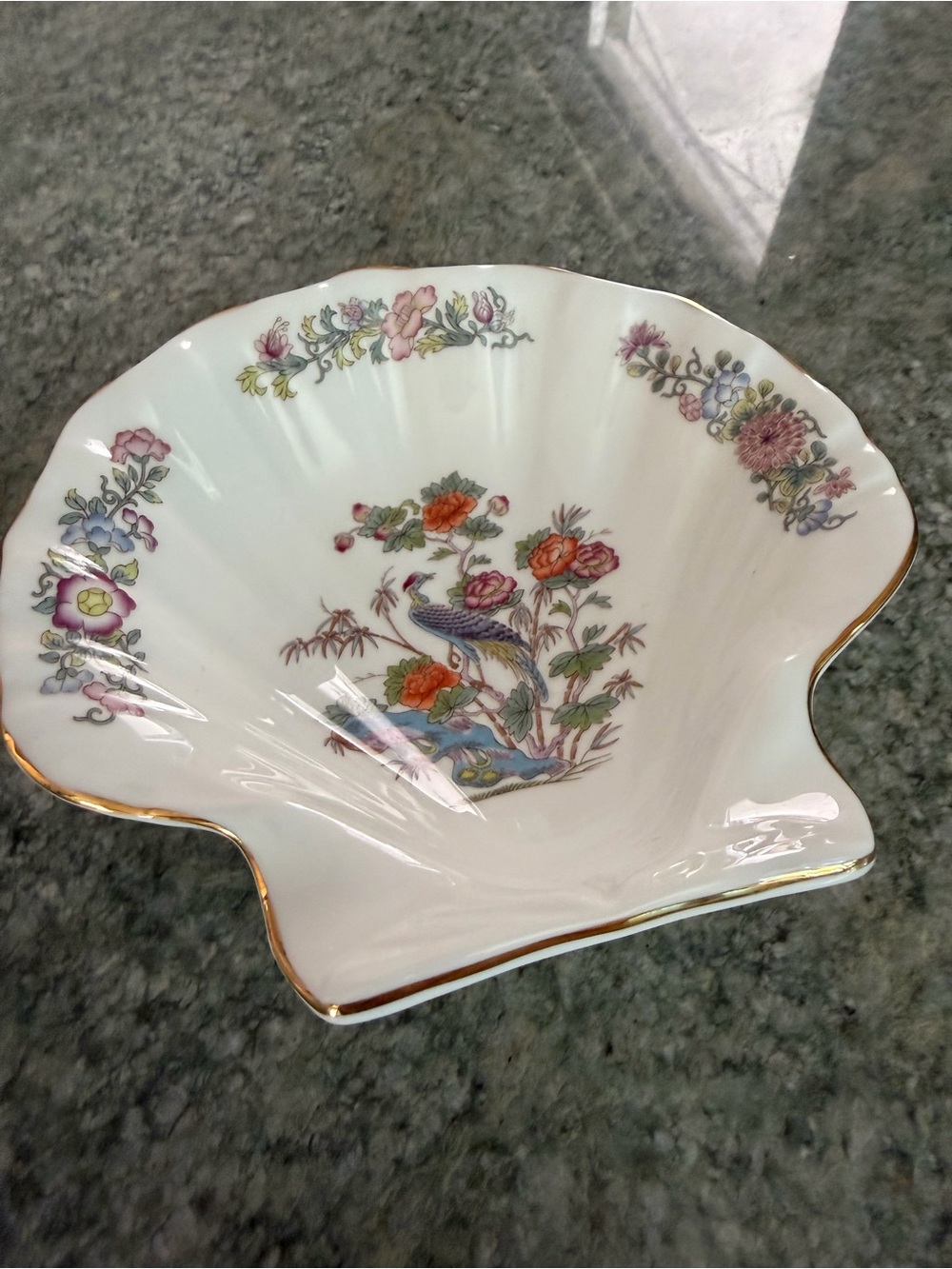 White Bone China Shell Dish with Floral Peacock Motif